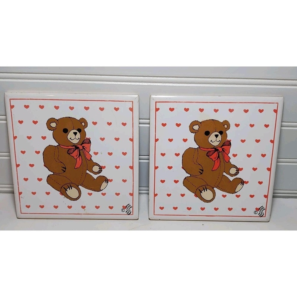 Pair Of Bear Ceramic Wall Decor Tile Trivet Farmhouse Kitchen 6 In x 6 In